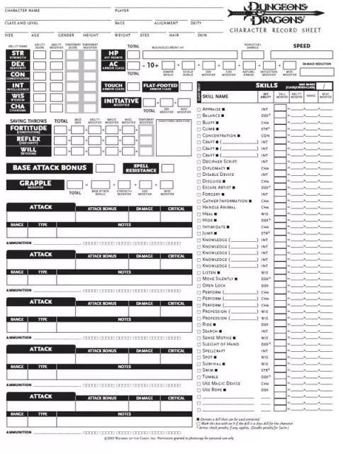 A Dungeons and Dragons character sheet.