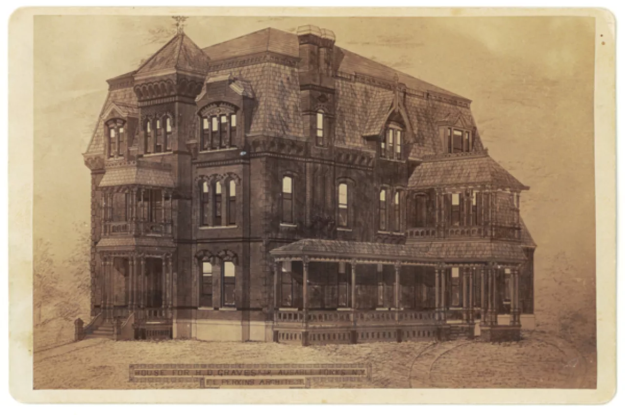 An elaborate, three story, red brick mansion in a black and white illustration.