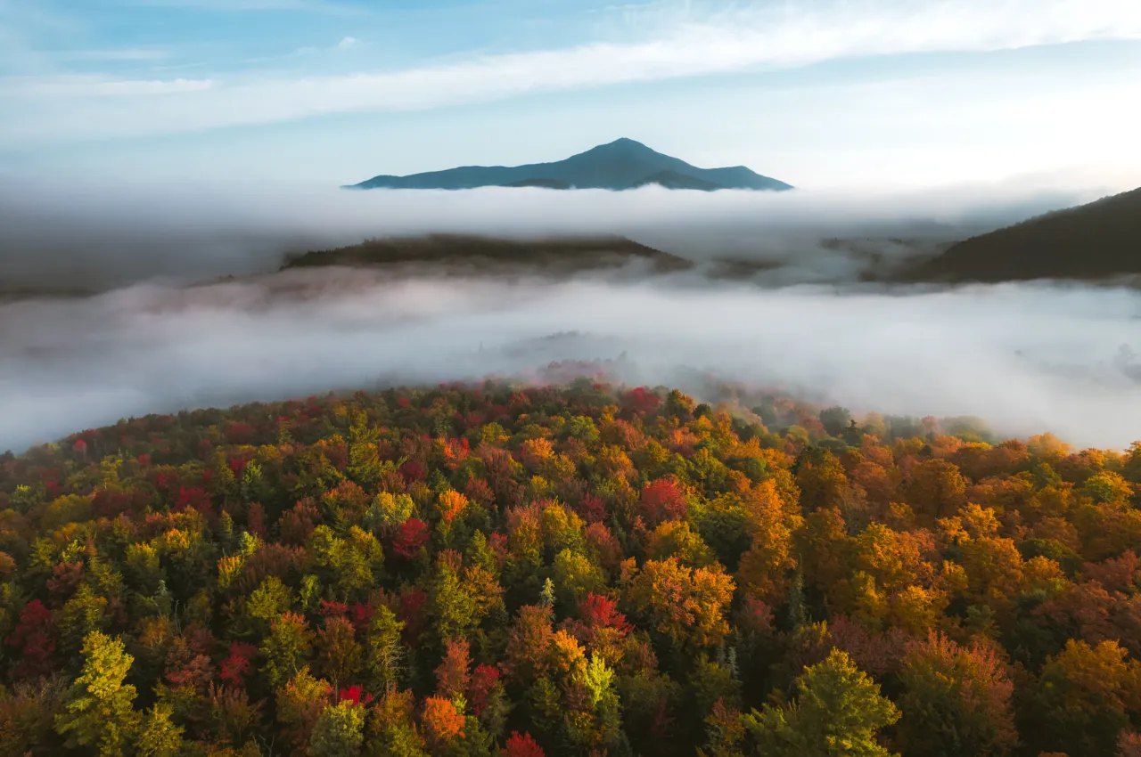 Aerial view of fall foliage and Whiteface Mountain