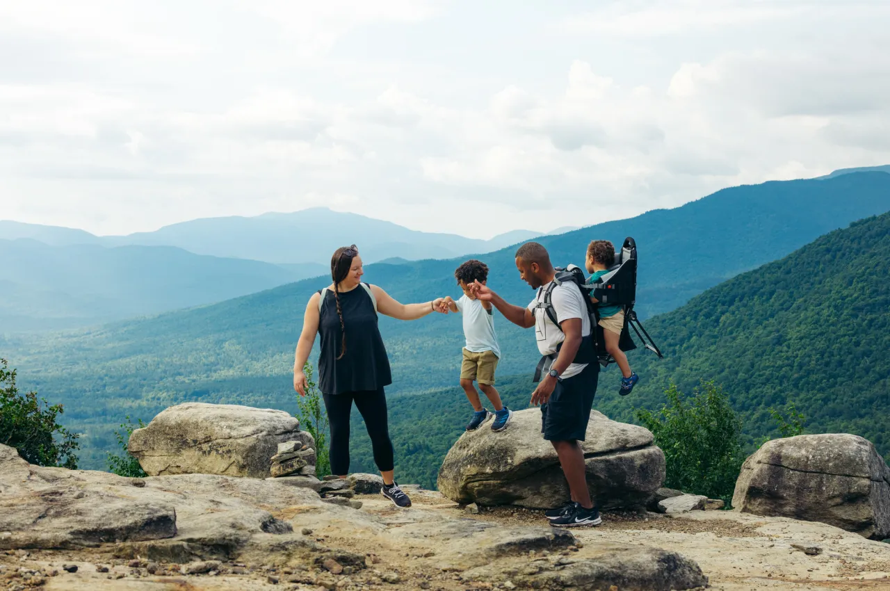 A family on a hike.