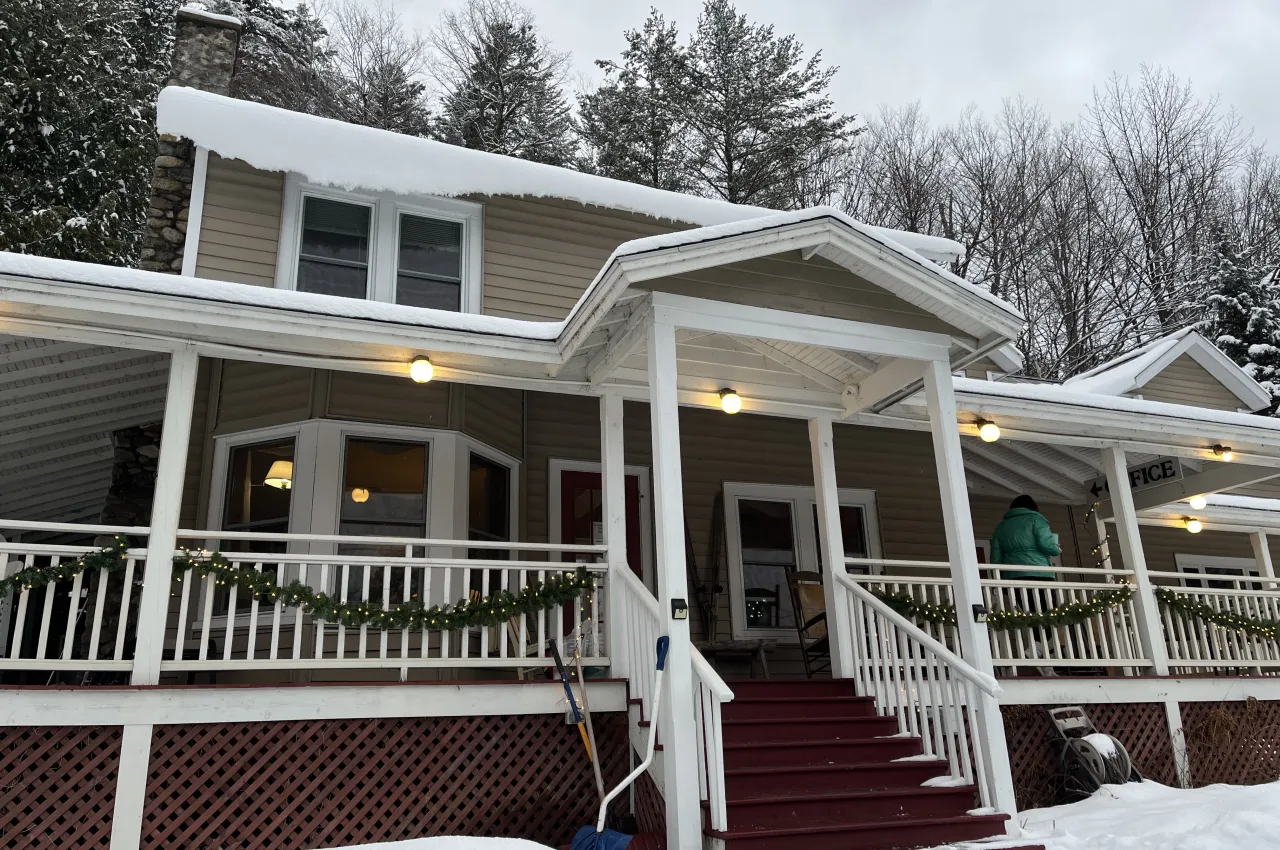A bed and breakfast in winter.