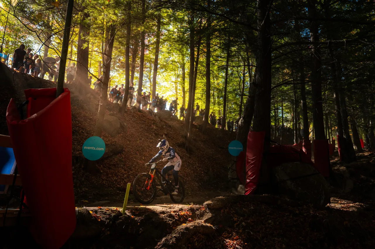 A person on a mountain bike rides past cheering crowds in the woods.