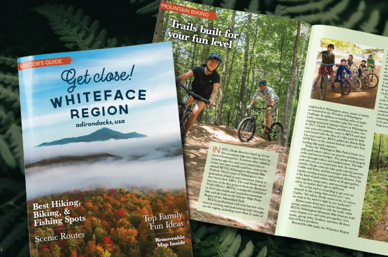 A spread of a regional guide for the Whiteface Region. 