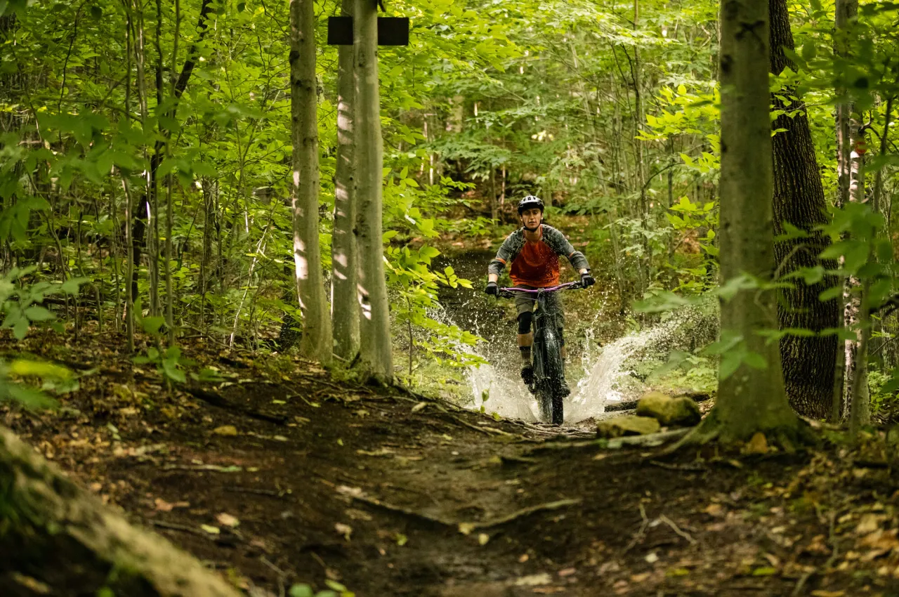 A mountain biker rides through the water on a trail