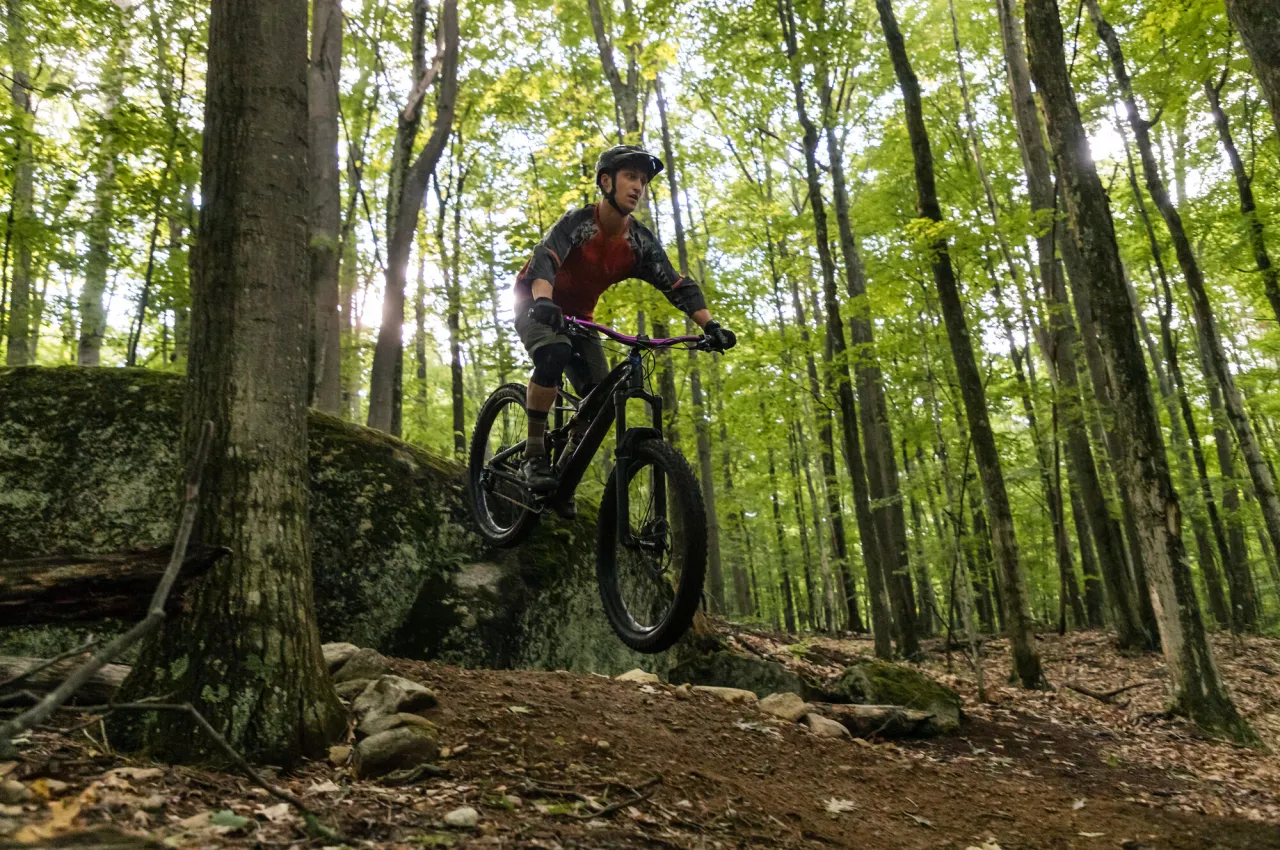A man rides his bike over a rock in the woods.