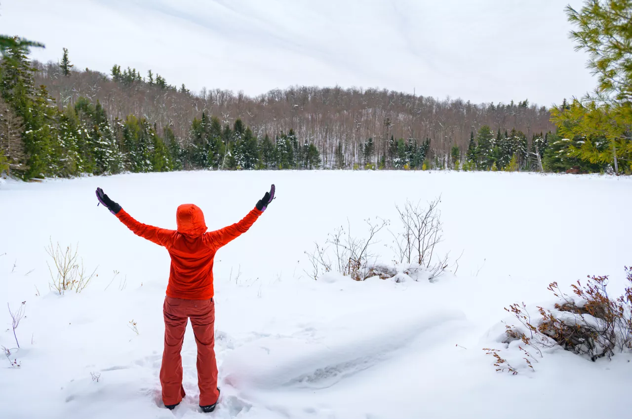 A hiker with their arms in the air in front of a frozen pond