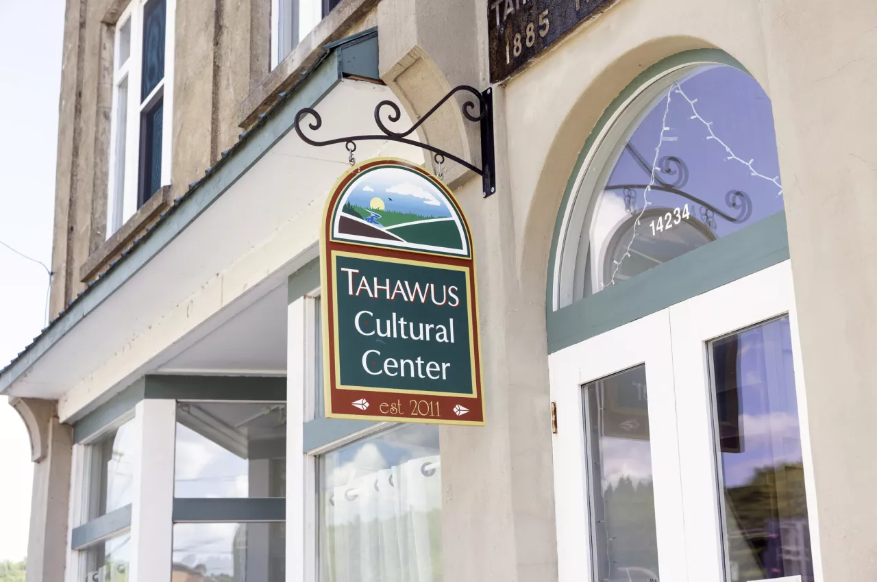 Tahawus Cultural Center sign hangs on the front of the building