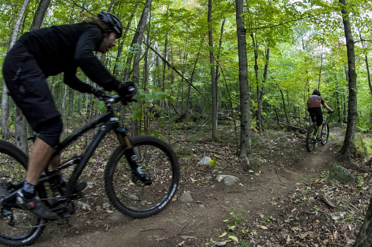 Two mountain bikers speed down a tight dirt path
