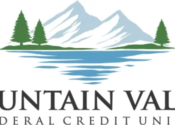 Illustrated mountains and lake with Mountain Valley Credit Union