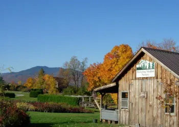A sun bleached barn looking over a lush green field ringed with fall foliage.