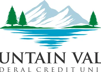 Illustrated mountains and lake with Mountain Valley Credit Union