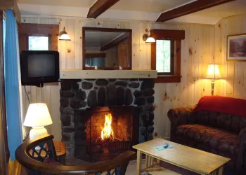 Cozy living space with fire burning in the stone fireplace
