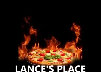 A supreme pizza surrounded by digital flames on a black background with the white letters 'Lance's Place'