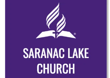 Logo for Saranac Lake Church with blue background and white lettering and an open book with flag rising from it