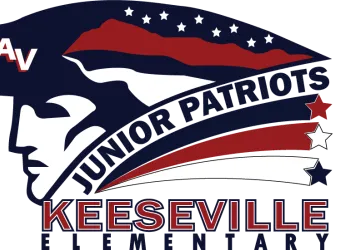 Junior Patriots profile view of a colonial man with red white and blue stars with banner trails behind.