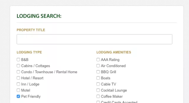 screen shot of lodging search