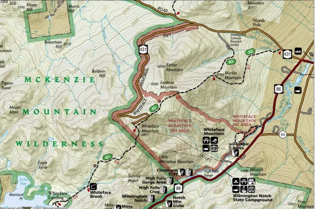 A topo map shows Esther Mountain on the other side of Whiteface from the ski center