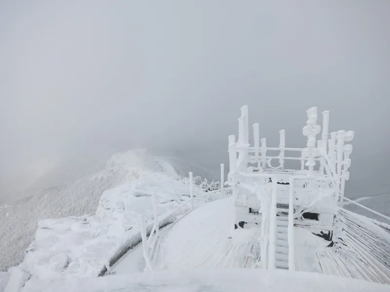 A snow and rime ice-covered view of the summit silo at Whiteface. Photo courtesy Paul Casson/ASRC.