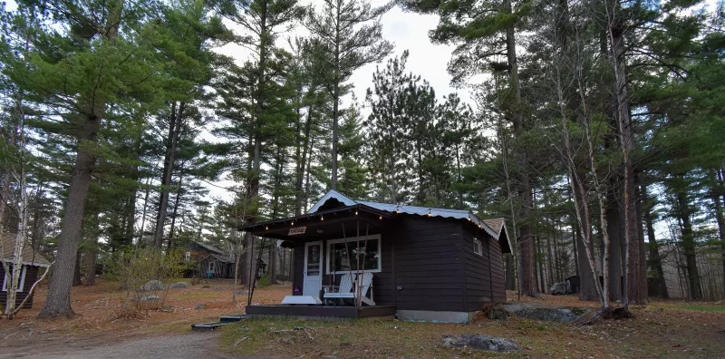 A cabin at the Wilderness Inn, with pine trees towering above.