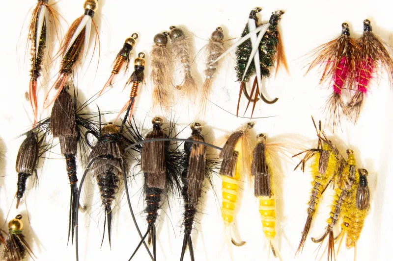 An assortment of artificial fly fishing flies.
