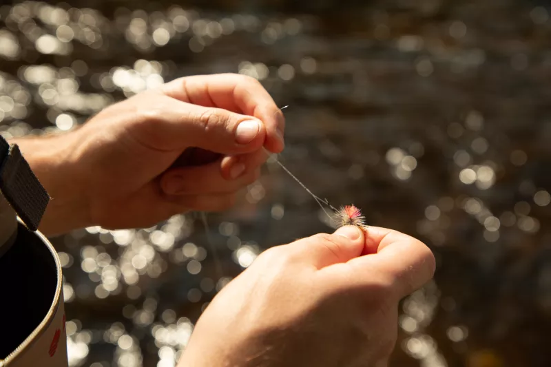 A closeup of two hands tying a lure to a fishing line