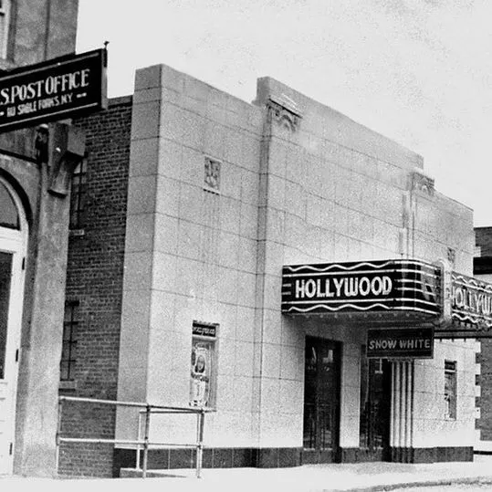 An old black and white photo of the Hollywood Theater in 1938. Image courtesy @ausabletheater on Instagram.