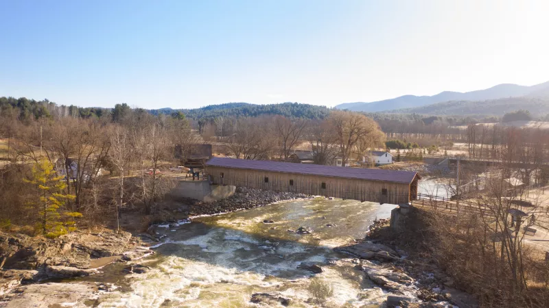 An aerial view of the covered bridge in Jay.