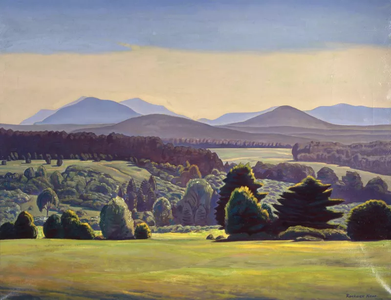 An image of an oil painting depicting fields and mountains in shades of green and blue.