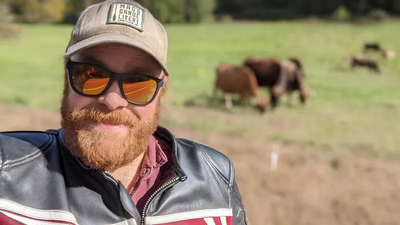 A bearded man in sunglasses, baseball cap, and leather jacket poses in front of brown cows in a meadow.