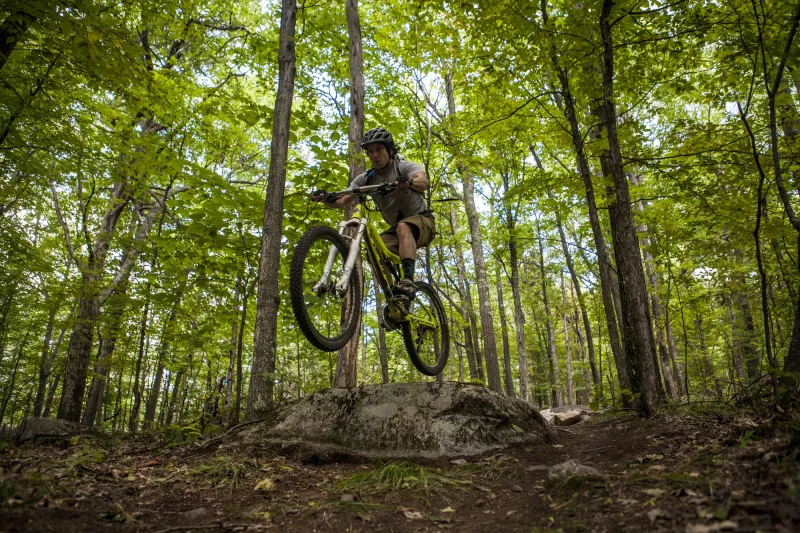 A man hits a jump in the woods on a bike.