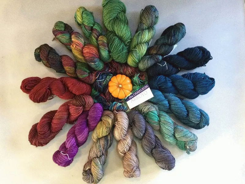 A colorful array of skeins of wool radiate outwards from a small orange pumpkin.