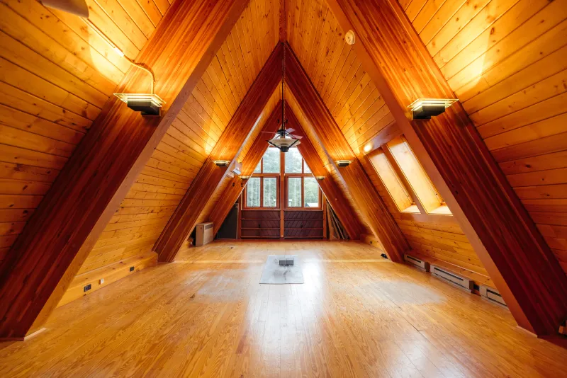One of the A-frame yoga rooms at New Vida Preserve wellness space