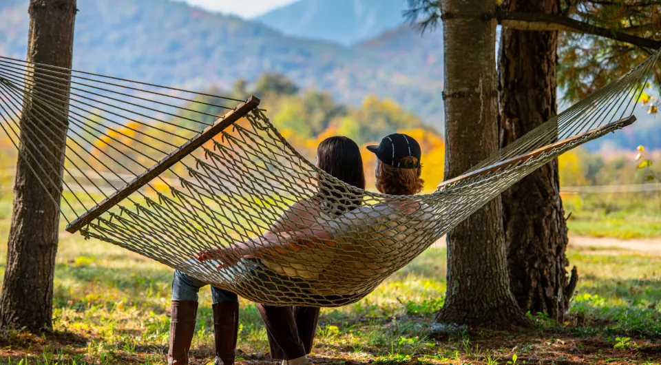 Two people on a hammock in the fall
