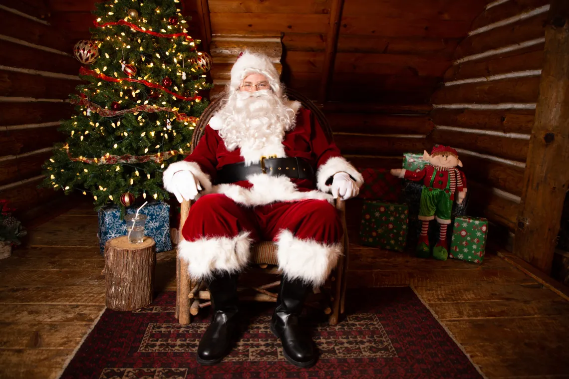 Santa sits in front of a tree smiling at the camera.