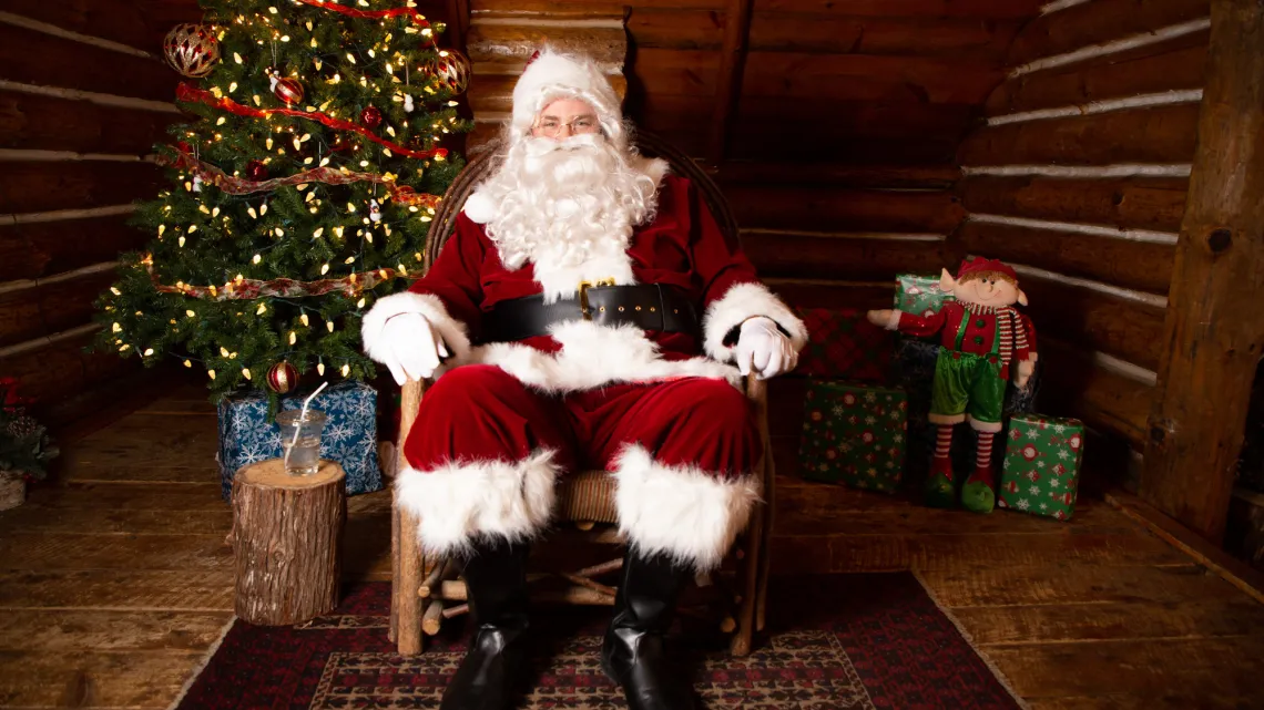 Santa sits in front of a tree smiling at the camera.